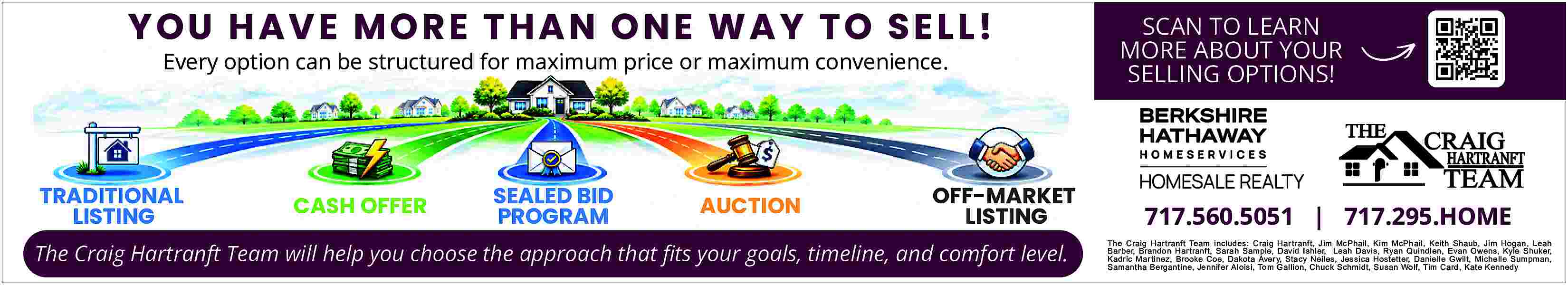 YOU HAVE MORE THAN ONE  YOU HAVE MORE THAN ONE WAY TO SELL!  Every option can be structured for maximum price or maximum convenience.    TRADITIONAL  LISTING    CASH OFFER    SEALED BID  PROGRAM    AUCTION    OFF-MARKET  LISTING    The Craig Hartranft Team will help you choose the approach that fits your goals, timeline, and comfort level.    SCAN TO LEARN  MORE ABOUT YOUR  SELLING OPTIONS!    717.560.5051 | 717.295.HOME  The Craig Har tranft Team includes: Craig Har tranft, Jim McPhail, Kim McPhail, Keith Shaub, Jim Hogan, Leah  Barber, Brandon Har tranft, Sarah Sample, David Ishler, Leah Davis, Ryan Quindlen, Evan Owens, Kyle Shuker,  Kadric Mar tinez, Brooke Coe, Dakota Avery, Stacy Neiles, Jessica Hostetter, Danielle Gwilt, Michelle Sumpman,  Samantha Bergantine, Jennifer Aloisi, Tom Gallion, Chuck Schmidt, Susan Wolf, Tim Card, Kate Kennedy     