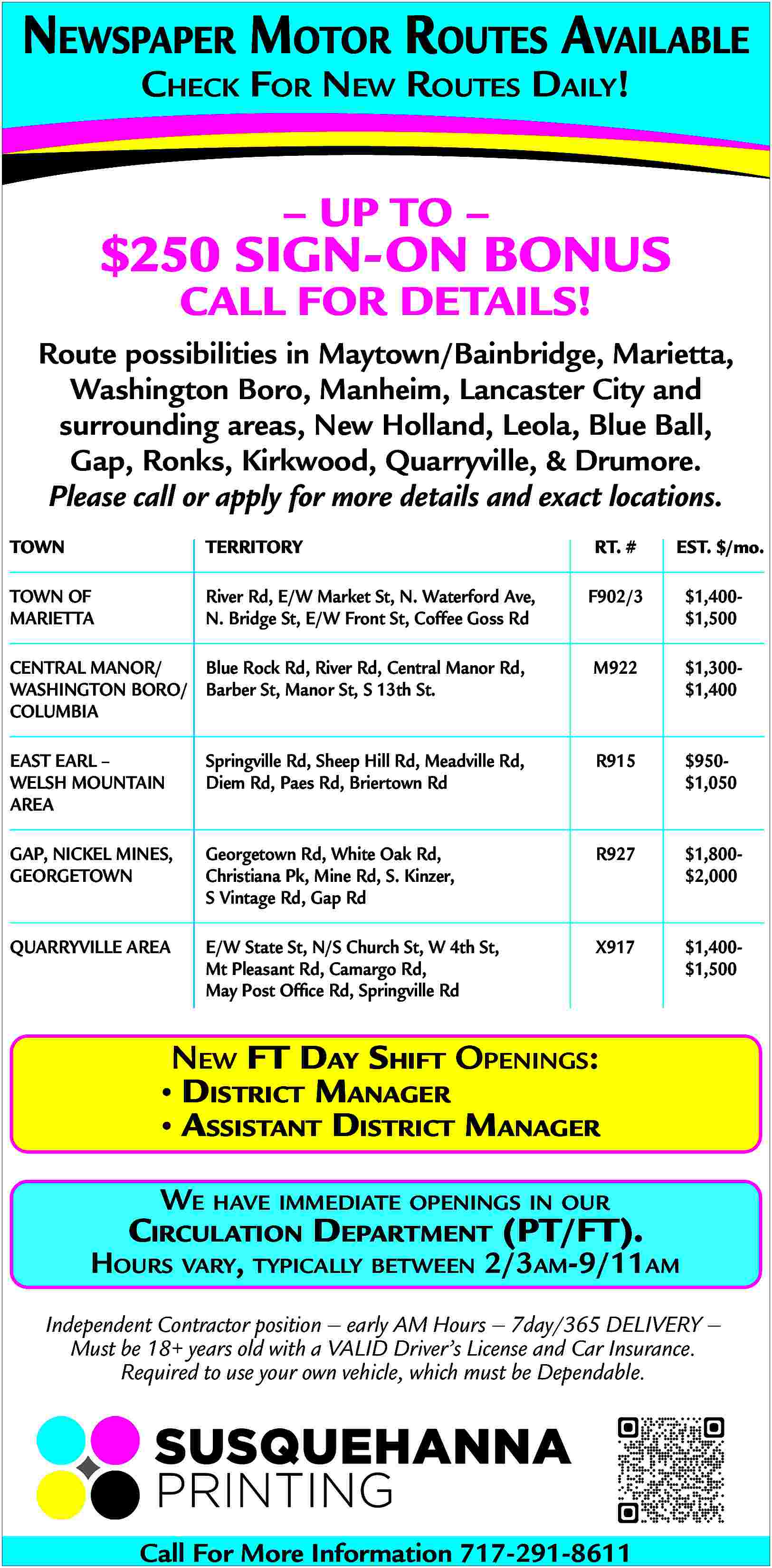 NEWSPAPER MOTOR ROUTES AVAILABLE <br>CHECK  NEWSPAPER MOTOR ROUTES AVAILABLE  CHECK FOR NEW ROUTES DAILY!        UP TO        $250 SIGN-ON BONUS  CALL FOR DETAILS!    Route possibilities in Maytown/Bainbridge, Marietta,  Washington Boro, Manheim, Lancaster City and  surrounding areas, New Holland, Leola, Blue Ball,  Gap, Ronks, Kirkwood, Quarryville, & Drumore.  Please call or apply for more details and exact locations.  TOWN    TERRITORY    TOWN OF  MARIETTA    River Rd, E/W Market St, N. Waterford Ave,  N. Bridge St, E/W Front St, Coffee Goss Rd    RT. #    EST. $/mo.    F902/3    $1,400$1,500    CENTRAL MANOR/  Blue Rock Rd, River Rd, Central Manor Rd,  WASHINGTON BORO/ Barber St, Manor St, S 13th St.  COLUMBIA    M922    $1,300$1,400    EAST EARL      WELSH MOUNTAIN  AREA    Springville Rd, Sheep Hill Rd, Meadville Rd,  Diem Rd, Paes Rd, Briertown Rd    R915    $950$1,050    GAP, NICKEL MINES,  GEORGETOWN    Georgetown Rd, White Oak Rd,  Christiana Pk, Mine Rd, S. Kinzer,  S Vintage Rd, Gap Rd    R927    $1,800$2,000    QUARRYVILLE AREA    E/W State St, N/S Church St, W 4th St,  Mt Pleasant Rd, Camargo Rd,  May Post Office Rd, Springville Rd    X917    $1,400$1,500    NEW FT DAY SHIFT OPENINGS:      DISTRICT MANAGER      ASSISTANT DISTRICT MANAGER  WE HAVE IMMEDIATE OPENINGS IN OUR    CIRCULATION DEPARTMENT (PT/FT).    HOURS VARY, TYPICALLY BETWEEN 2/3AM-9/11AM  Independent Contractor position     early AM Hours     7day/365 DELIVERY      Must be 18+ years old with a VALID Driver   s License and Car Insurance.  Required to use your own vehicle, which must be Dependable.    Call For More Information 717-291-8611     