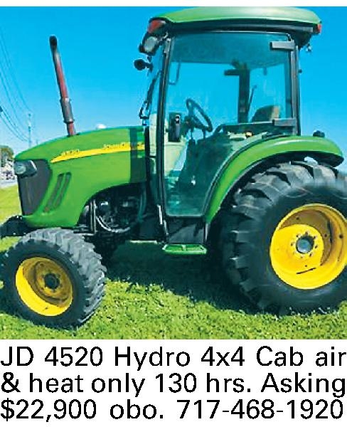  JD 4520 Hydro 4x4   JD 4520 Hydro 4x4 Cab air & heat only 130 hrs. Asking $22,900 obo. 717-468-1920