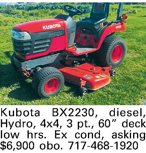  Kubota BX2230, diesel, Hydro,   Kubota BX2230, diesel, Hydro, 4x4, 3 pt., 60 deck low hrs. Ex cond, asking $6,900 obo. 717-468-1920